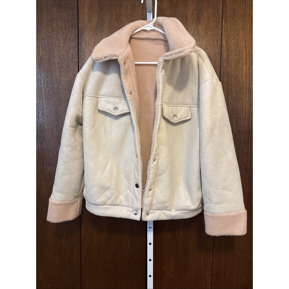 Suede Bomber Jacket W/ Wool Lining Collar Women’s Lg Moto Warm Tan Romwe